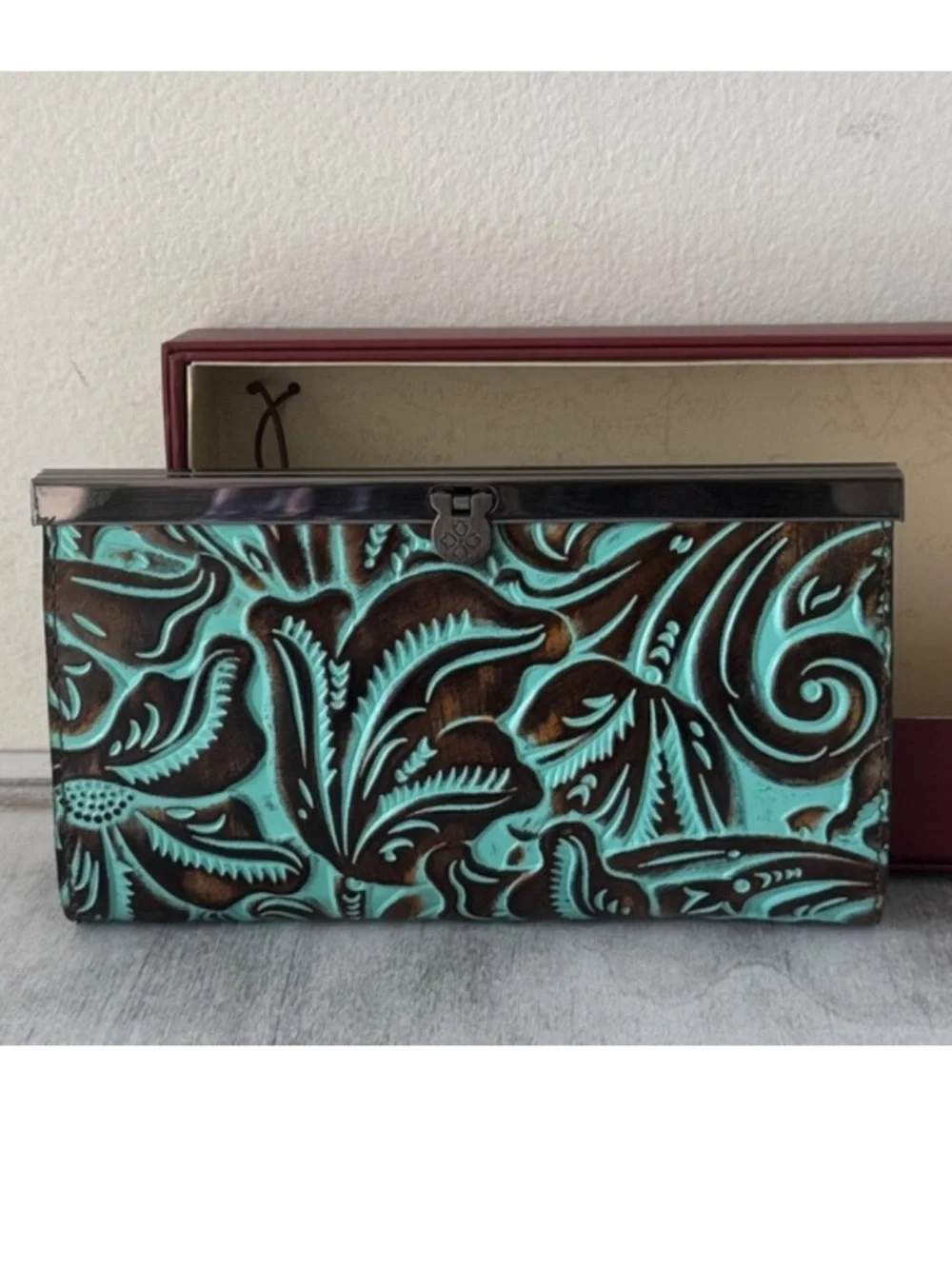 Patricia Nash Wallet Leather Framed Turquoise Cauchy Tooled In Gift Box